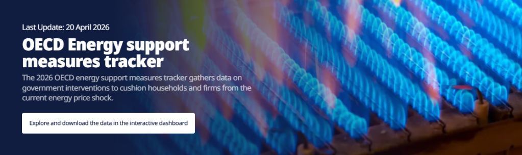 An infographic promoting the 2026 OECD Energy Support Measures Tracker, detailing government interventions to support households and firms during the energy price shock. Includes a call-to-action for exploring and downloading data.