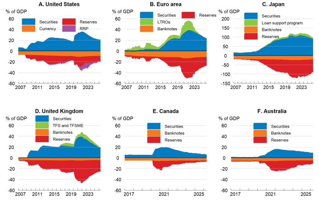 Bar graphs comparing the percentage of GDP attributed to various financial assets for the United States, Euro area, Japan, United Kingdom, Canada, and Australia from 2007 to 2025.