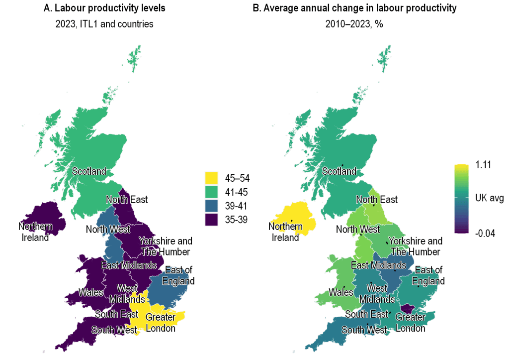 Map showing labour productivity levels across the UK in 2023, with regions color-coded by productivity range.